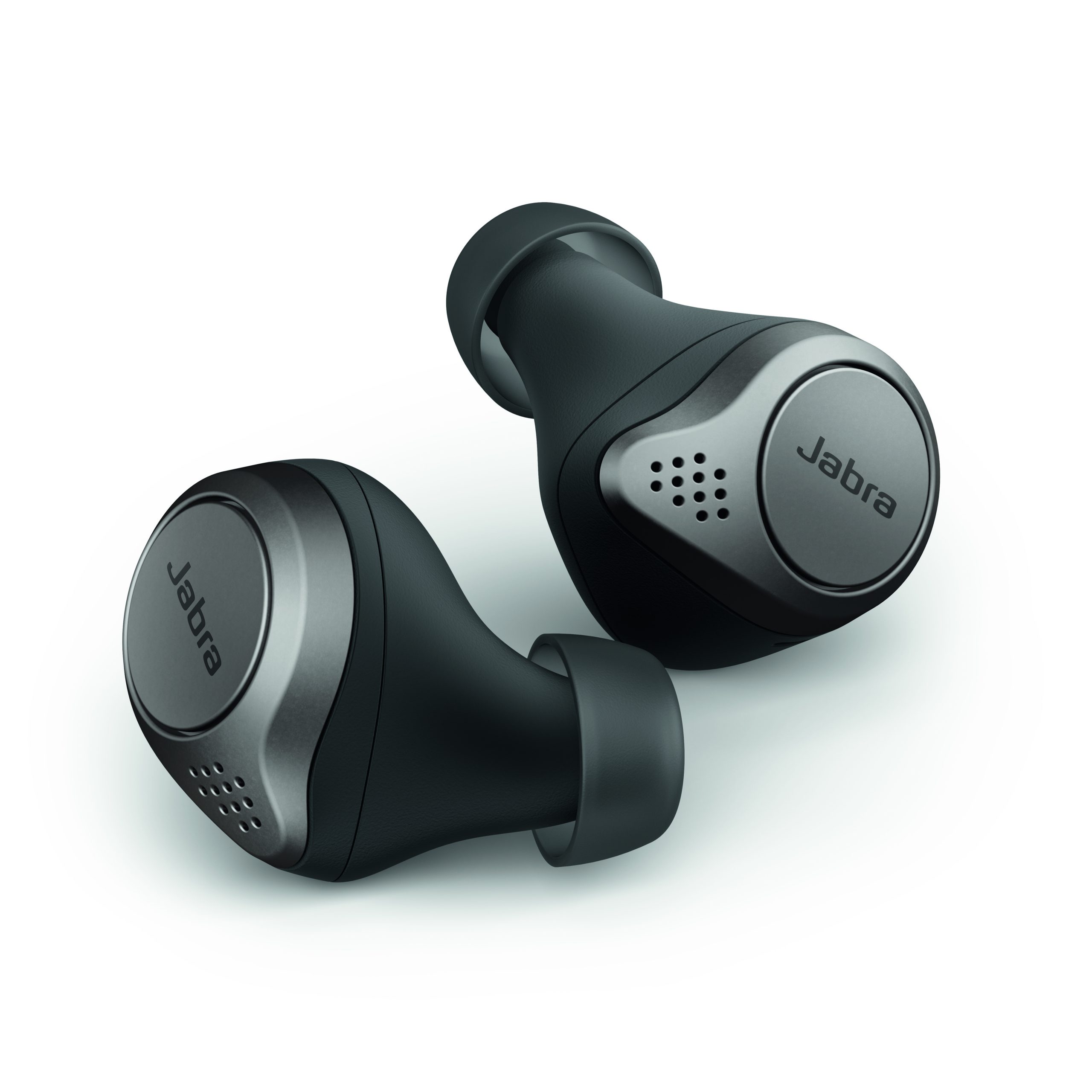 Jabra Elite 75t Titanium Black angled earbuds closeup LB scaled