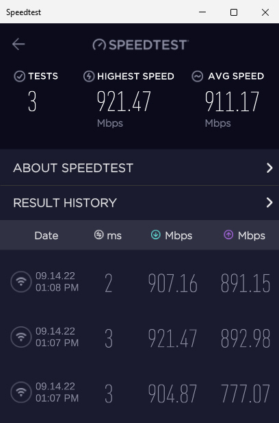 TP-Link XE75 - speedtest - node right next to wifi antenna - wired backhaul - 5GHz