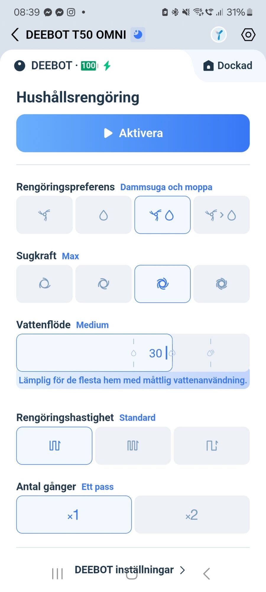 Ecovacs deebot T50 omni stadinstallningar