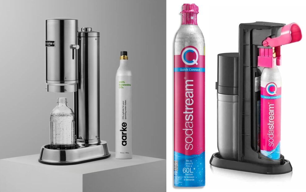 Aarke Carbonator Pro vs. Sodastream E-Terra 1 kolsyremaskiner patroner